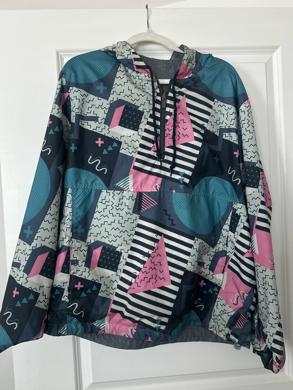 Original Penguin Reversible Hooded Anorak Windbreaker Jacket Gray Geometric Prin